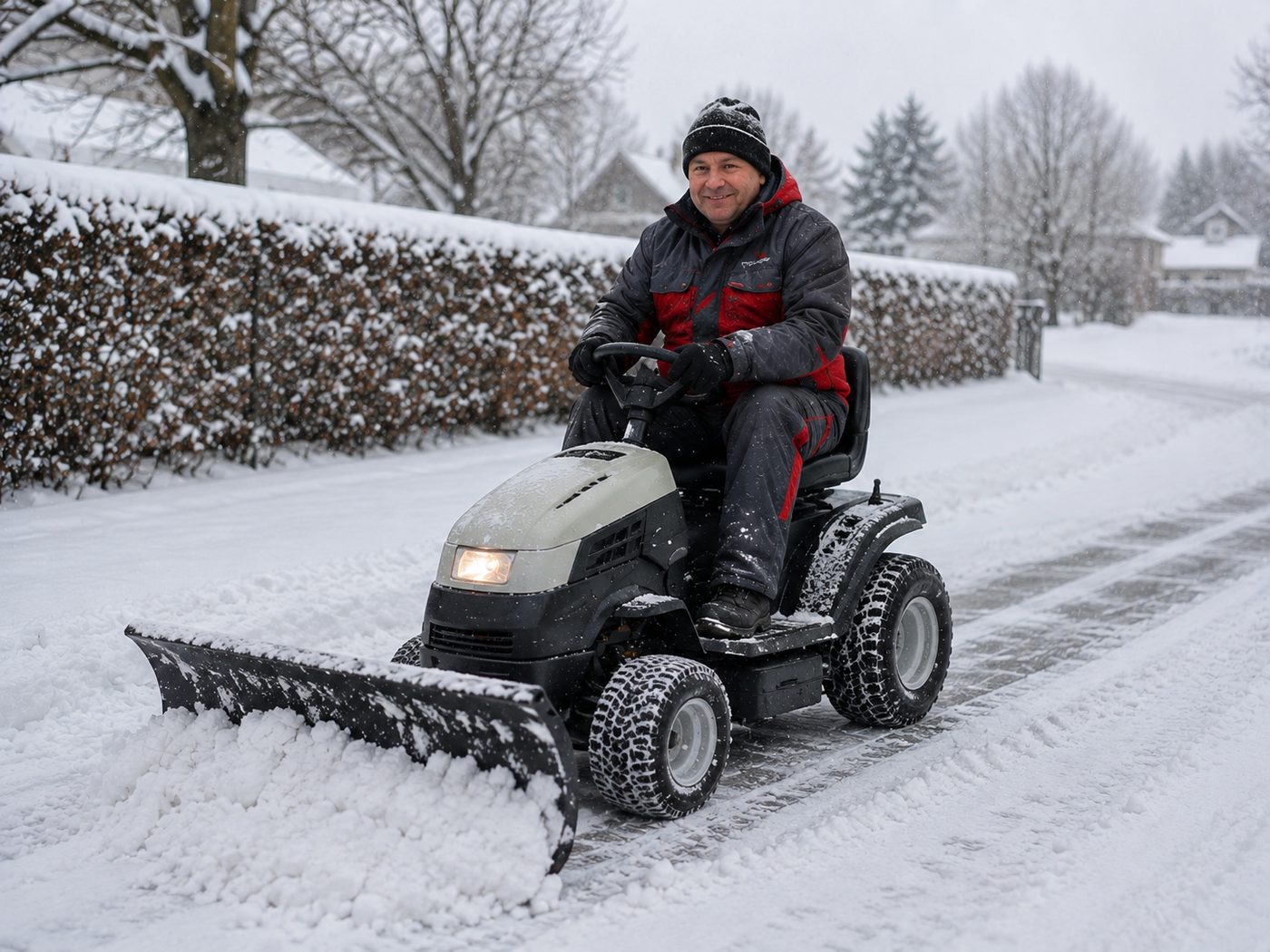 Winterdienst mit Aufsitzmäher durch Woger Hausservice