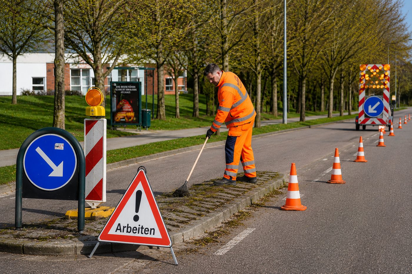 Sicher abgesperrte Straßen- und Flächenreinigung durch Woger Hausservice