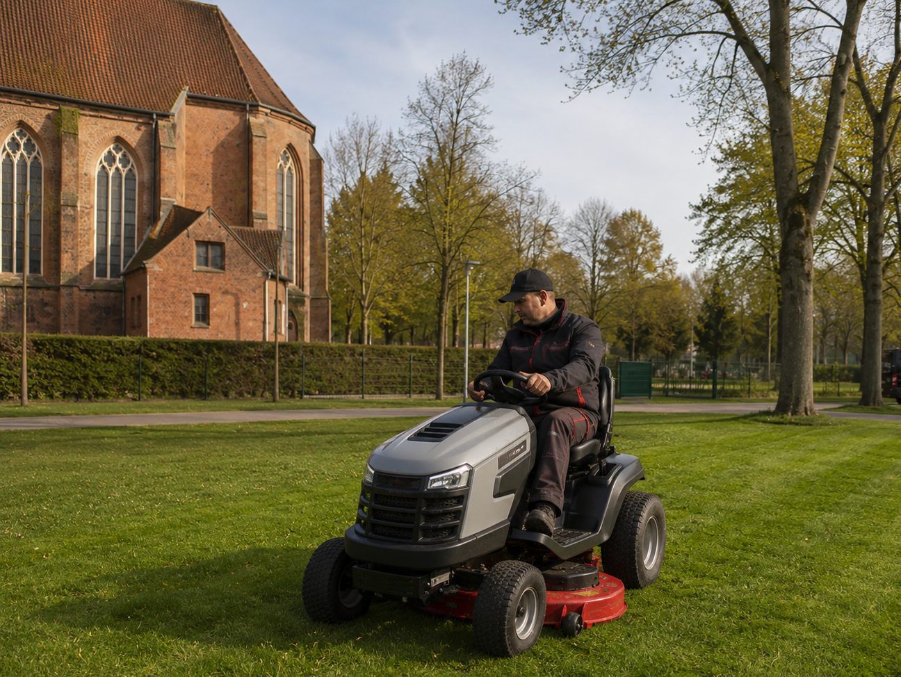 Rasenpflege mit dem Aufsitzmäher durch Woger Hausservice